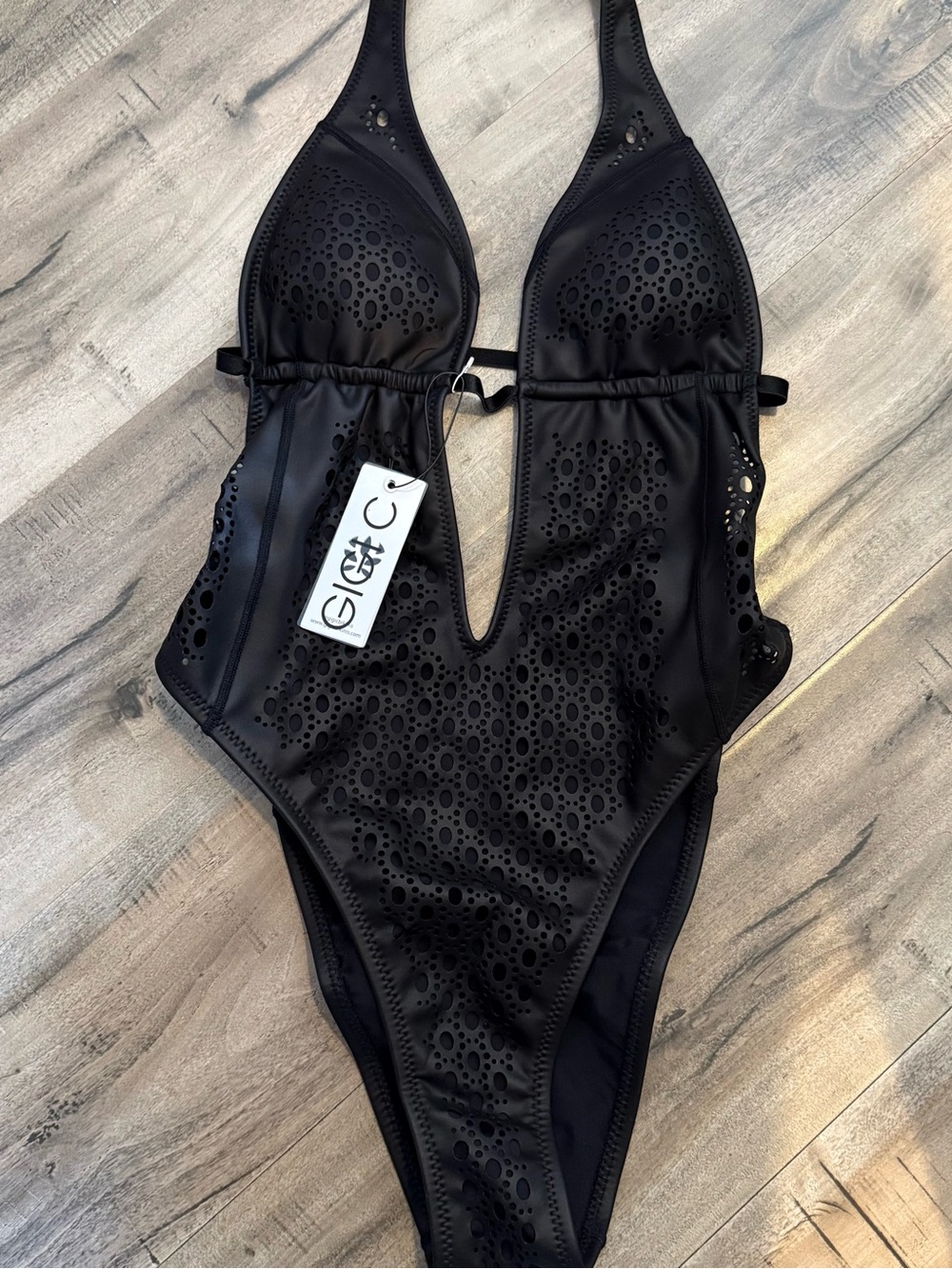 GIGI C Black Laser-Cut one piece Swim faux leather Medium New